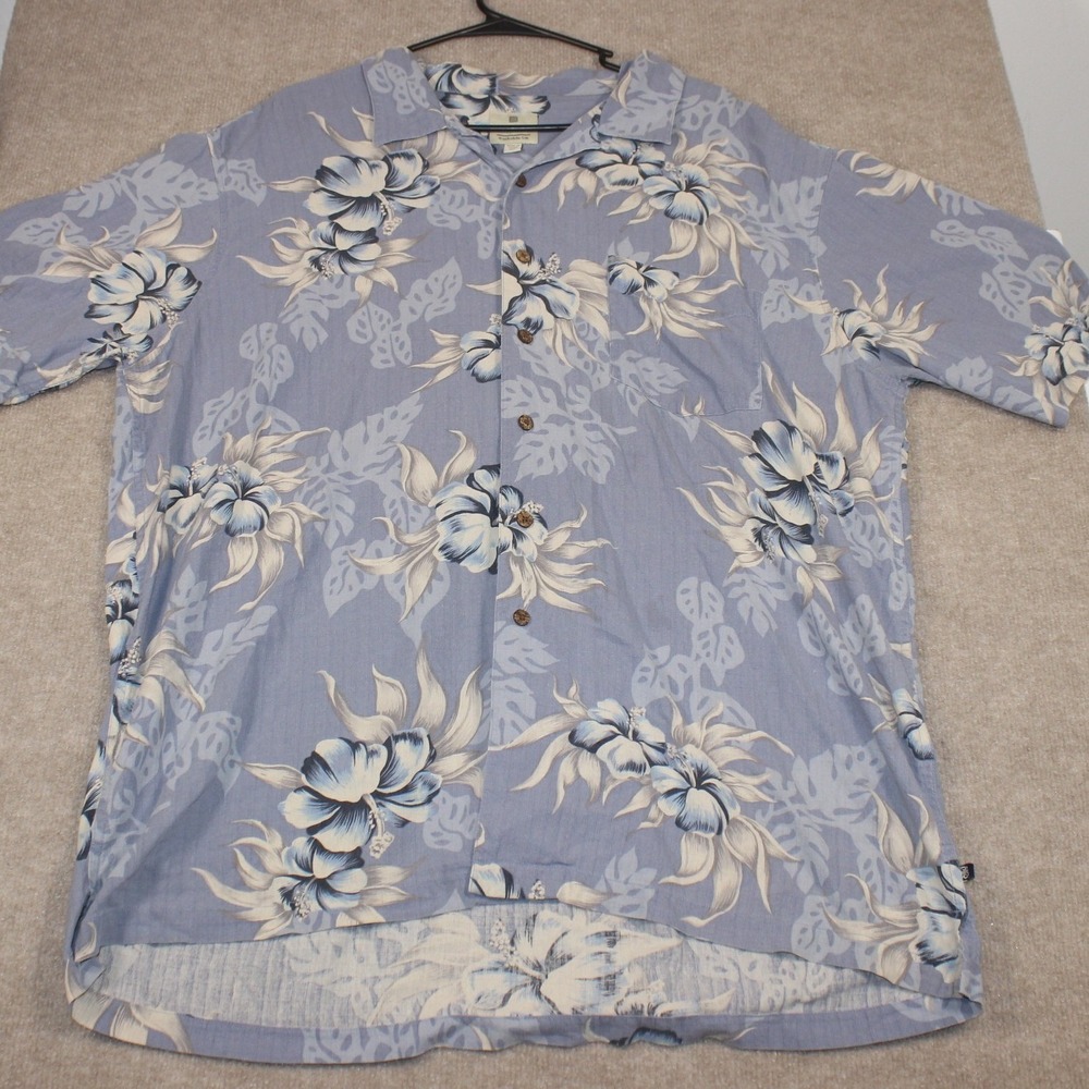 Solitude Mens XXL Blue Floral Washable Silk Hawaiian Camp Shirt Short Sleeve